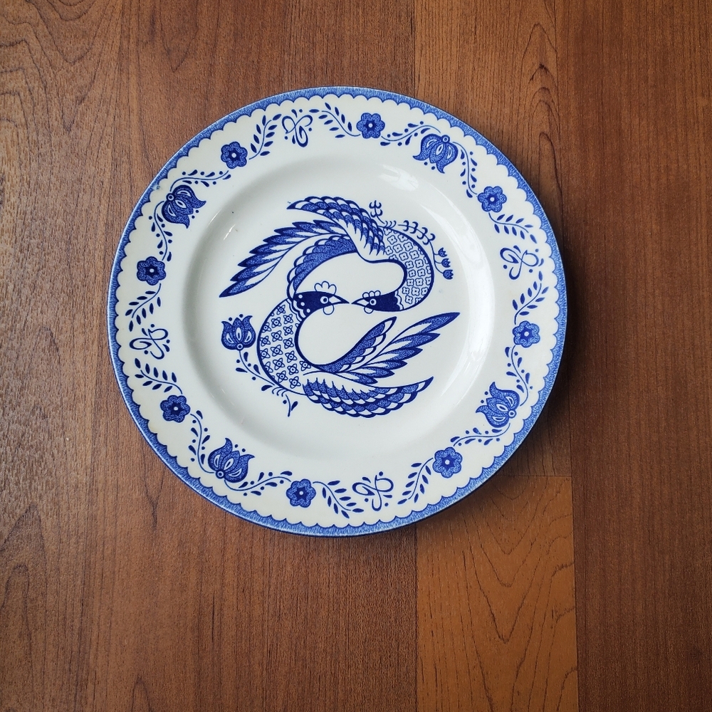 Vintage Monarch Blue & White Folk Art Bird Plate Floral Cottagecore Farmhouse